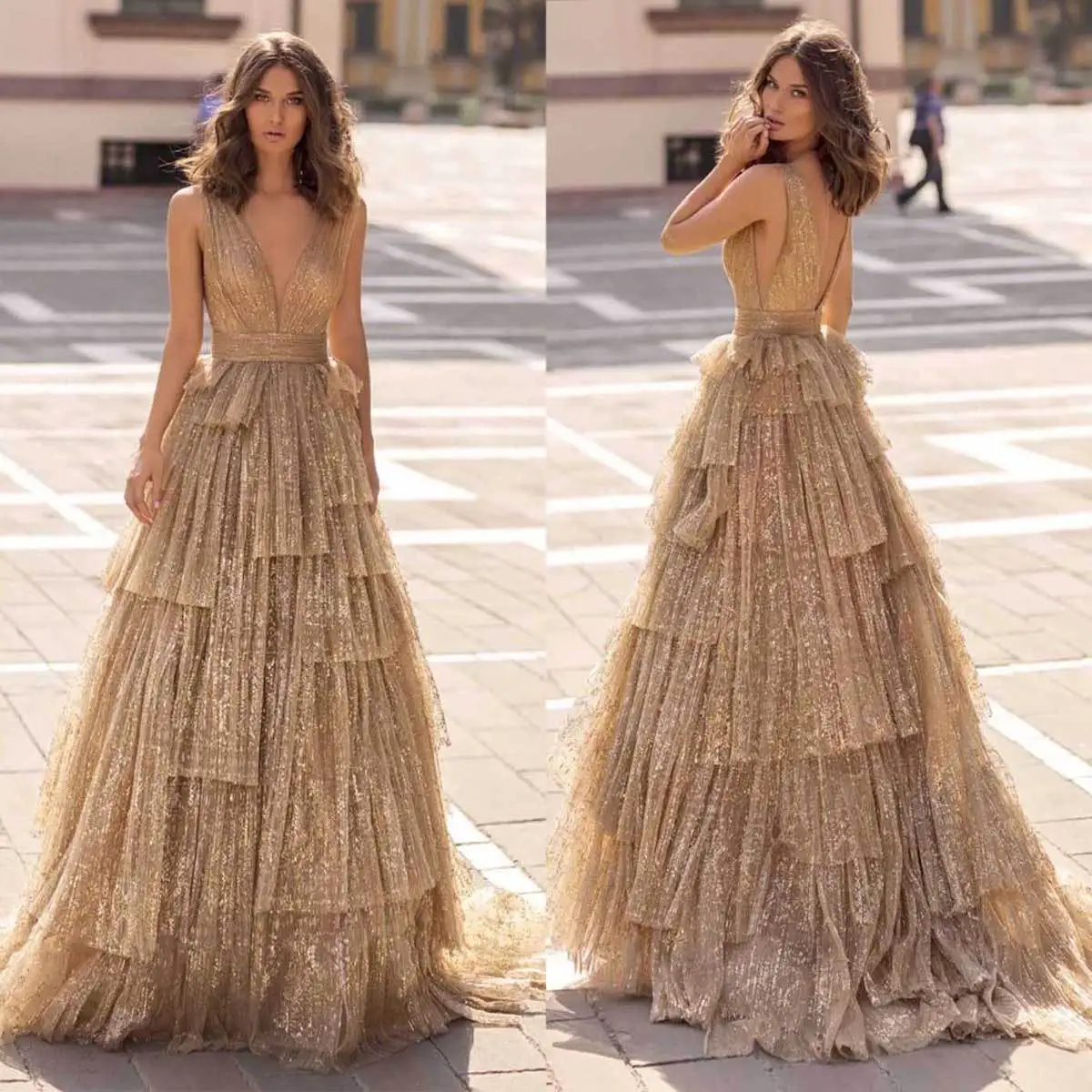 Шикарное платье для выпускного вечера с блестящим V-образным вырезом без рукавов