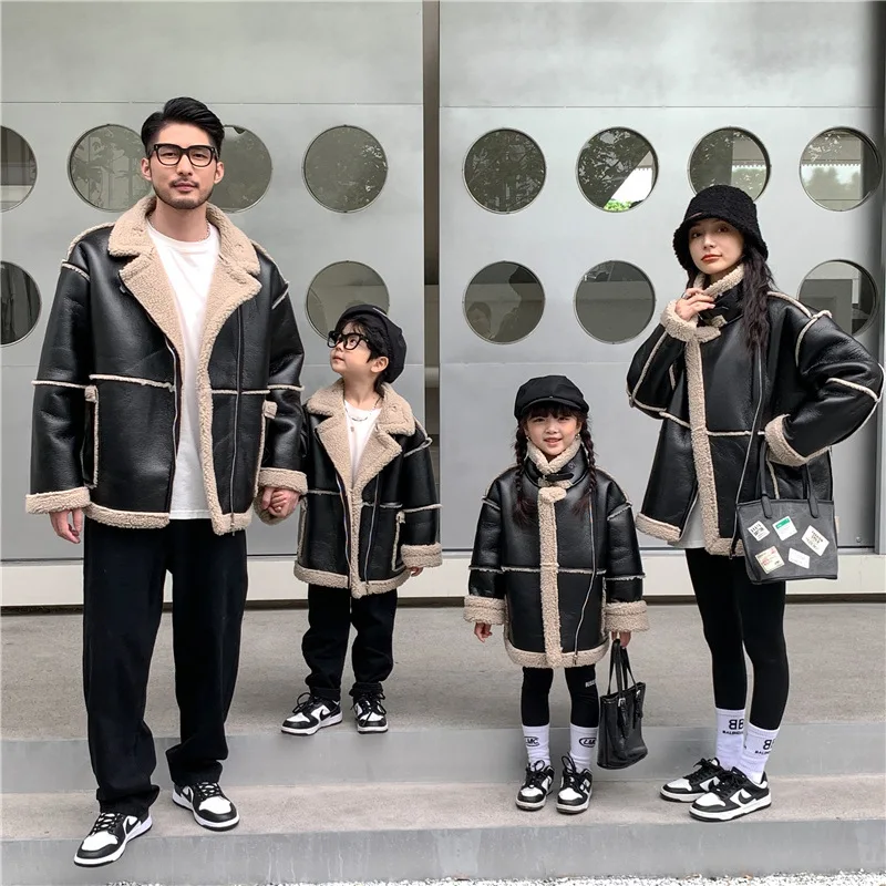 

Christmas 2022 News Mother Kids Matching Outfits Winter Black Turn-down Collar PU Leather Coats for Father Son Family Look