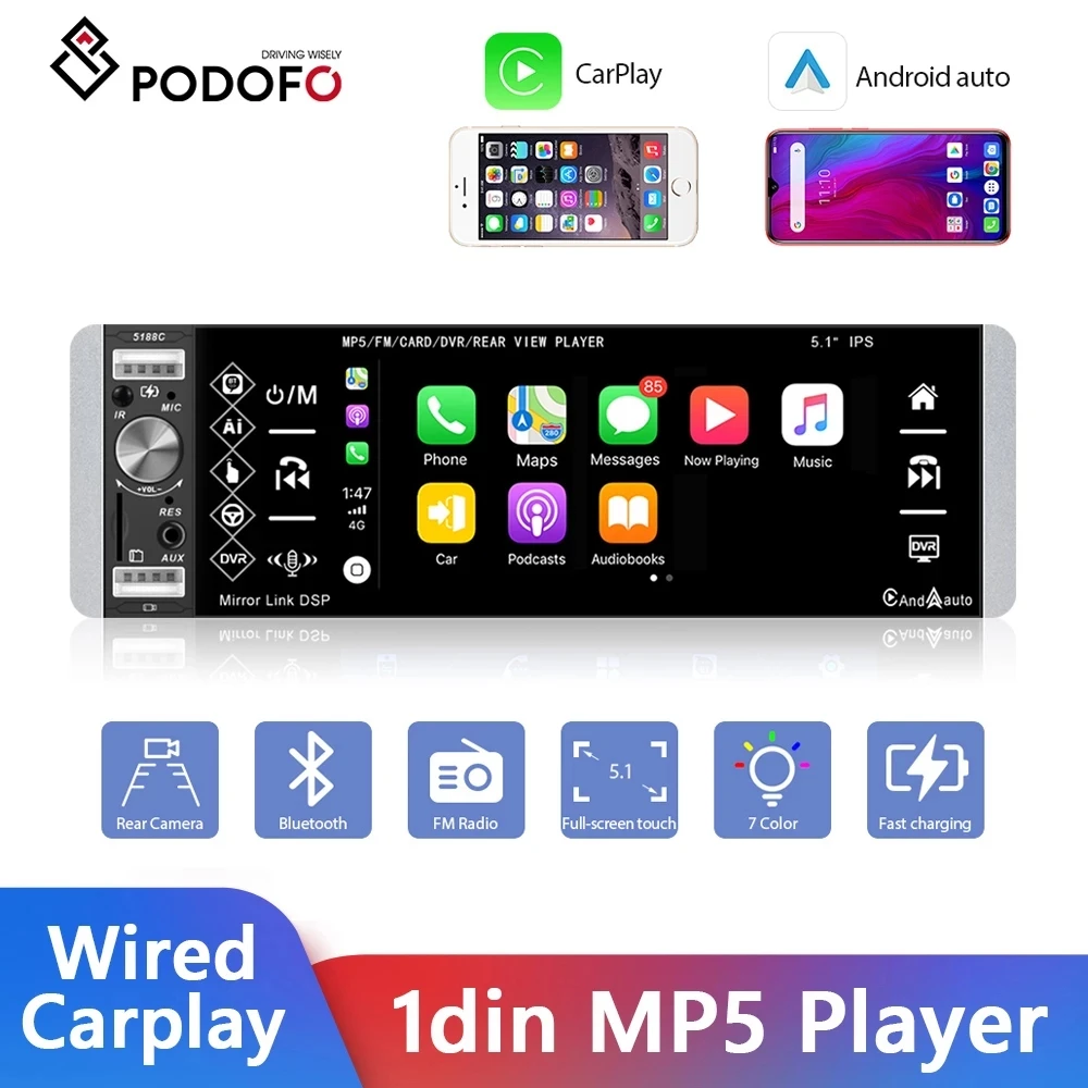 Podofo 1din MP5 Player Touch Car Radio FM 4-USB 5.1 Inches Support Android Mirrorlink Bluetooth Carplay Autoradio DVR