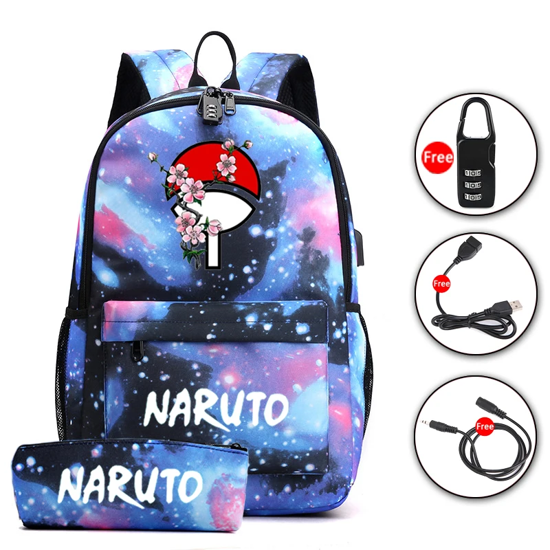 

Starry Sky 2Pcs/set Anime Naruto Backpack Teenagers Back To School Uzumaki Akatsuki Itachi Sharingan Cosplay Boys Girls Usb Bags