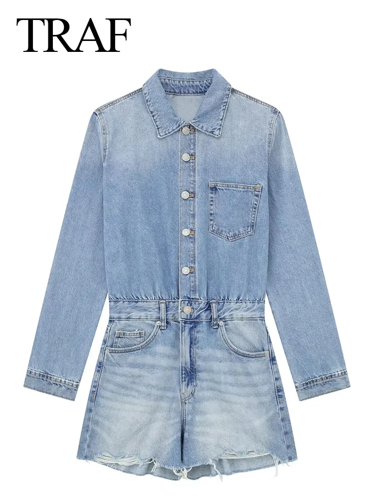 

Комбинезон женский джинсовый с отложным воротником, на пуговицах