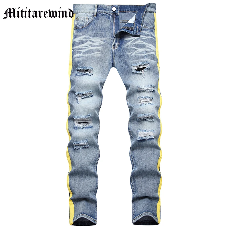 

Джинсы мужские рваные состаренные, повседневные брюки из денима, винтажные, стиль хип-хоп, цвет желтый, стиль High Street, Y2k