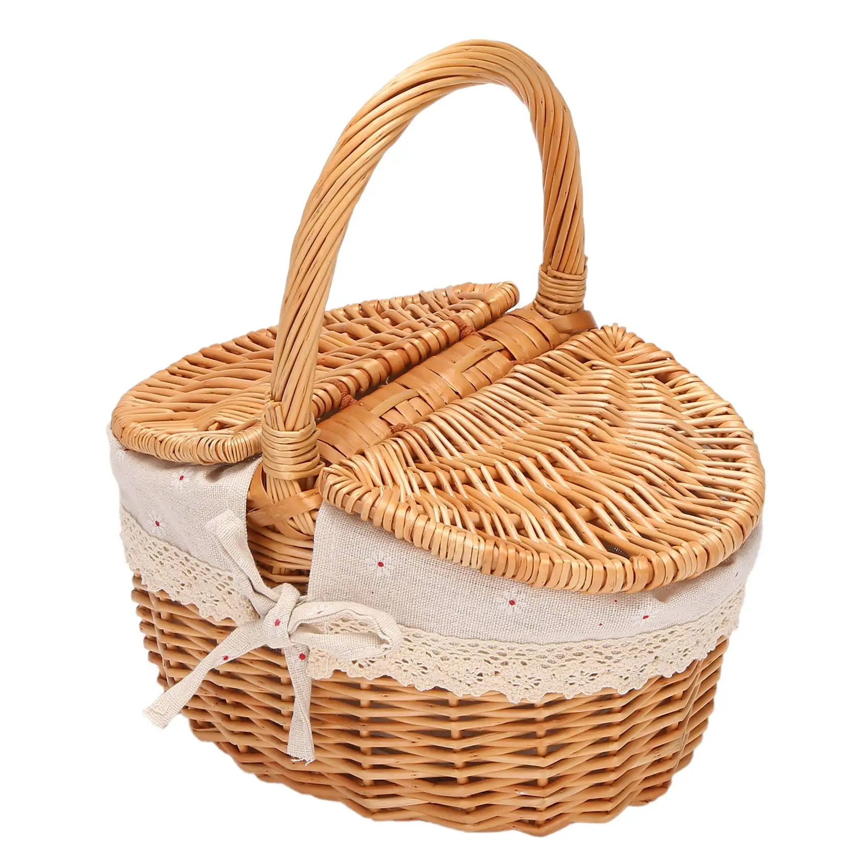 

Handmade Wicker Basket with Handle Wicker Camping Picnic Basket with Double Lids Shopping Storage Hamper Basket with Cloth Li