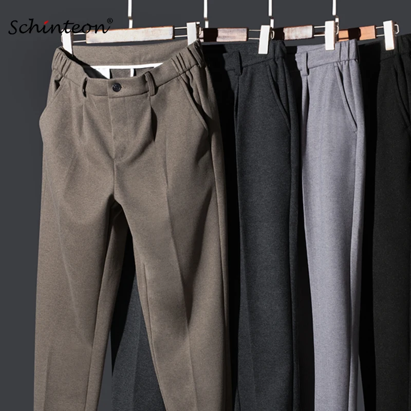 

Schinteon Men Wool Full-Length Pants Solid Color Casual Simple Elastic Waist Suit Pants Thick Trousers 2022 New Autumn Winter