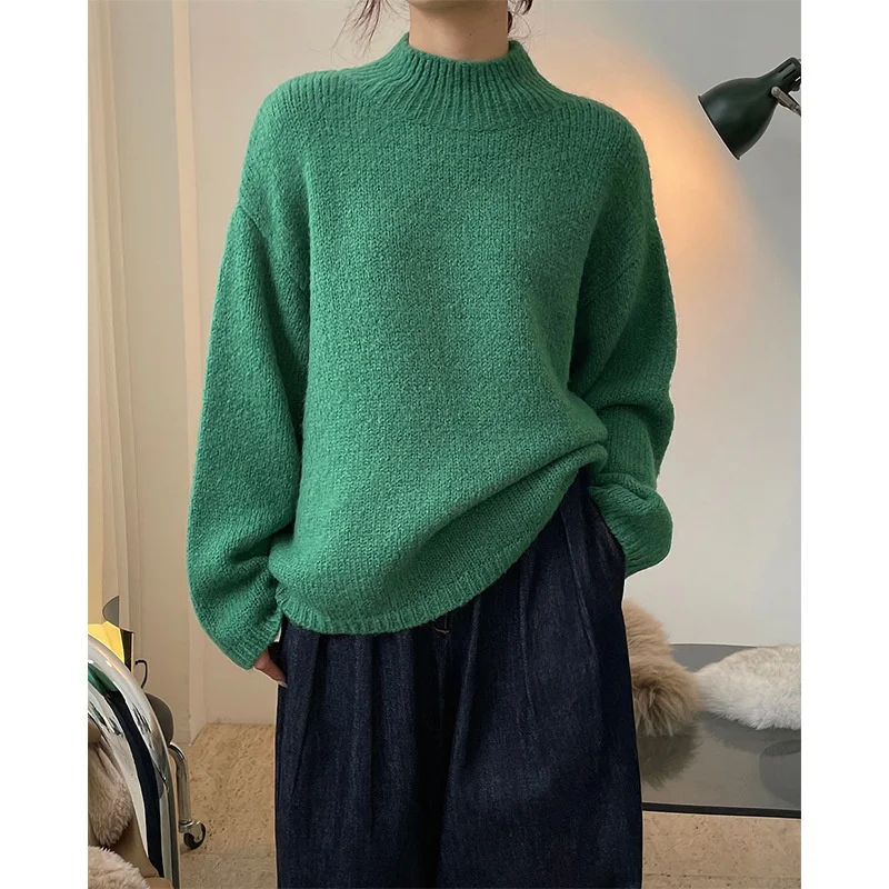 

Осенне-зимний шерстяной мохеровый свитер с полувысоким воротником, силуэт, свободные пуловеры с длинным рукавом оверсайз, свитера, однотон...