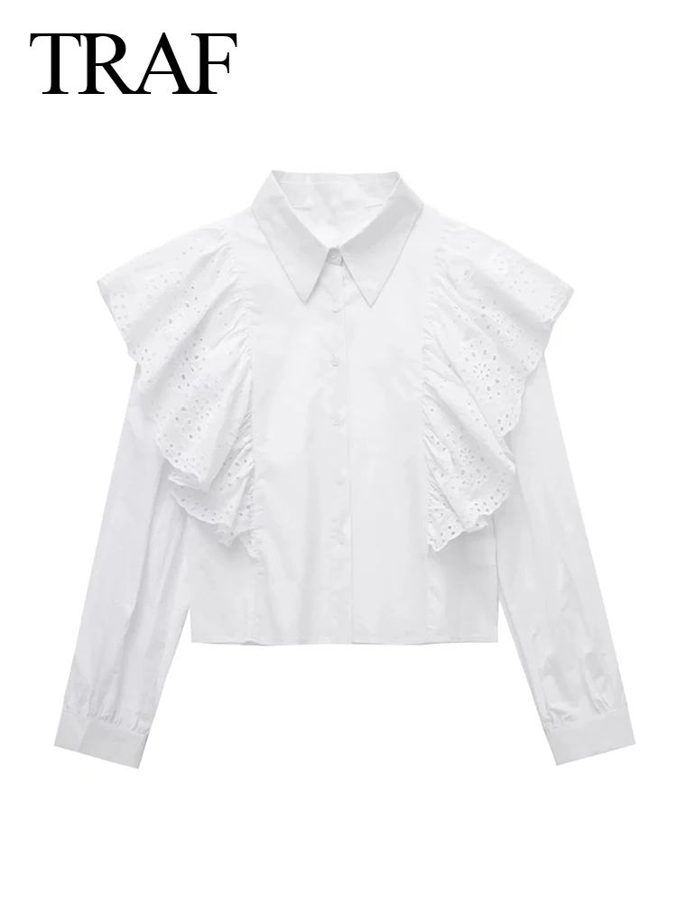 

Женская однобортная блузка с рюшами, длинным рукавом и пуговицами