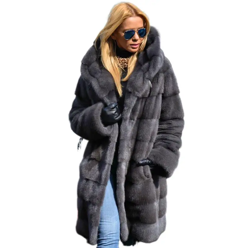 Mink Fur Coat For Women Winter Real Fur Jacket With Hoods Nature Full Pelt Mink Fashion Outerwear Ladies Cold-Resistant Overcoat