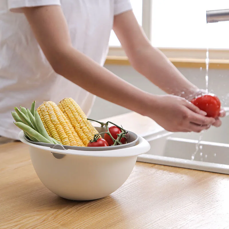 Kitchen Silicone Double Drain Basket Bowl Washing Storage Strainers Bowls Drainer Vegetable Cleaning Colander Tool |