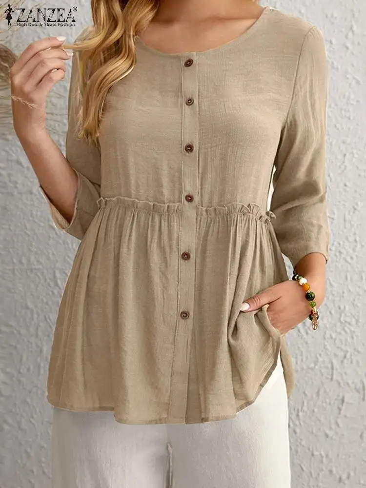 

2023 ZANZEA Autumn Fashion Long Sleeve Shirt Woman O Neck Fungus Ruffled Edge Tunic Tops Female Casual Solid Blouse Oversized
