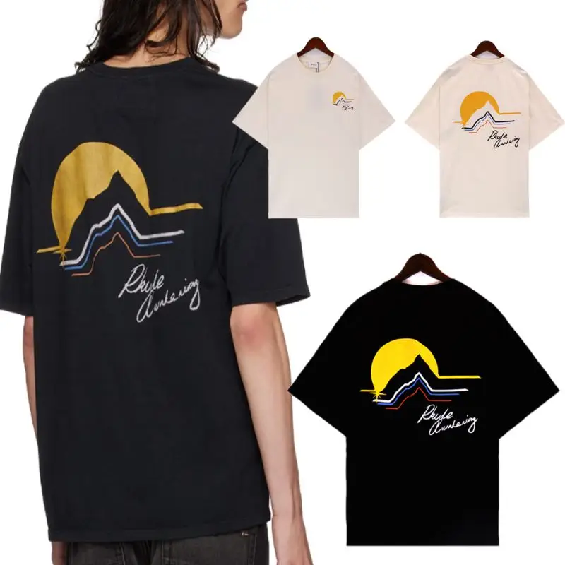 

New RHUDE T-shirt Moonlight Sunset LOGO Short Sleeve t shirt for Men Woman Black Apricot Cotton Tee Tops Crewneck Summer