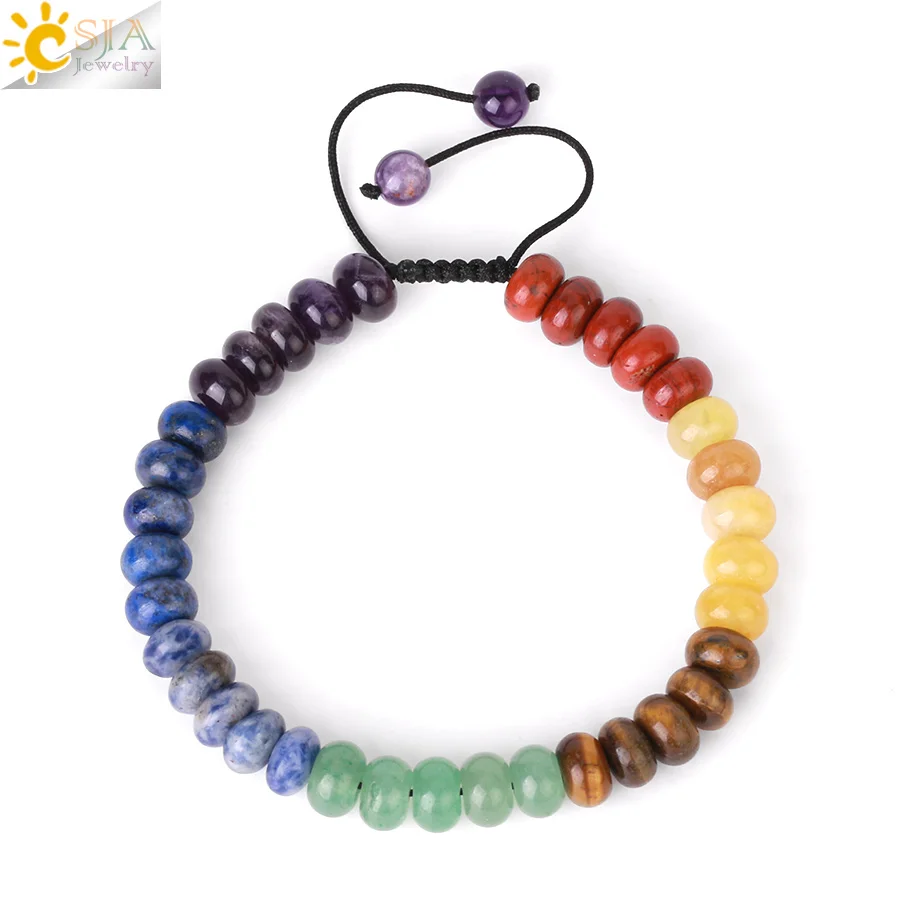 CSJA Reiki 7 Chakra Crystals Bracelet Real Natural Stone Beaded Bracelets for Stress Relax Anxiety Elastic Braided Jewelry H049