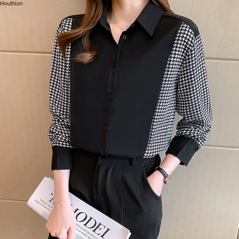 

Блузка женская шифоновая с длинным рукавом, Повседневная модная рубашка-поло с прострочкой, одежда свободного покроя для девушек, на лето