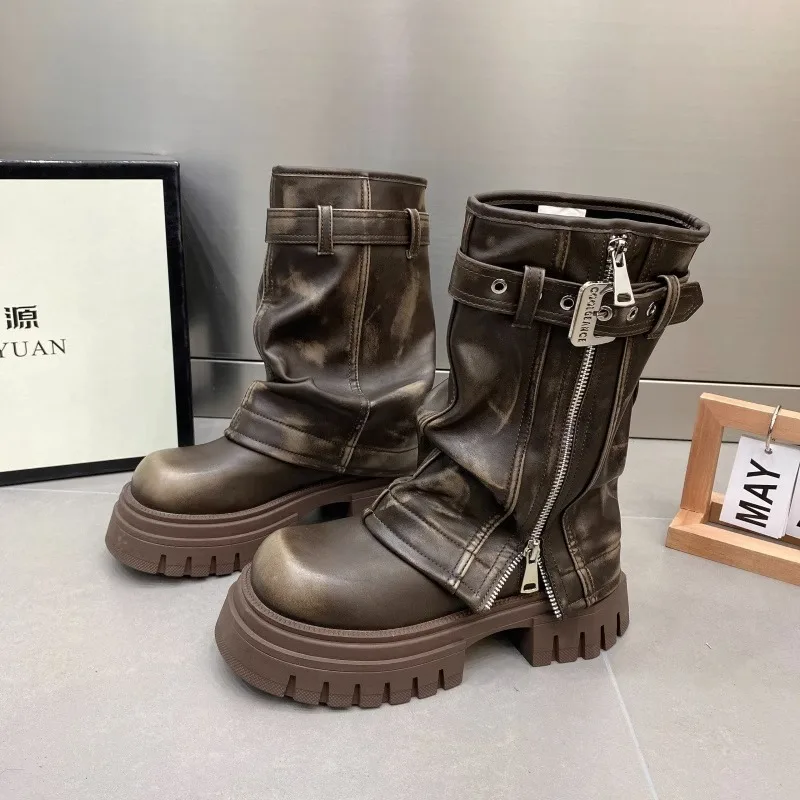 

2024 Traf Fashion Pleated Buckle Knight Boots for Women Brown Mid Calf Boots Woman Flod Over Retro Old Paint Punk Botas Mujer