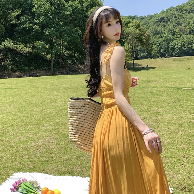 

New Summer Strapless Backless Midi Women Dresses 2023 Slim Beach Vacation Long Office Sundress French Yellow Casual Party Style