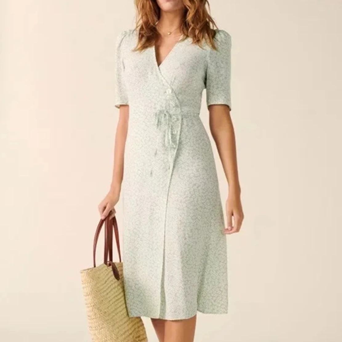 

Dave&Di Elegant Short Sleeve Party Midi Dress Women French Sty Indie Folk Vintage Green Floral Print V-neck Wrap Summer Dress