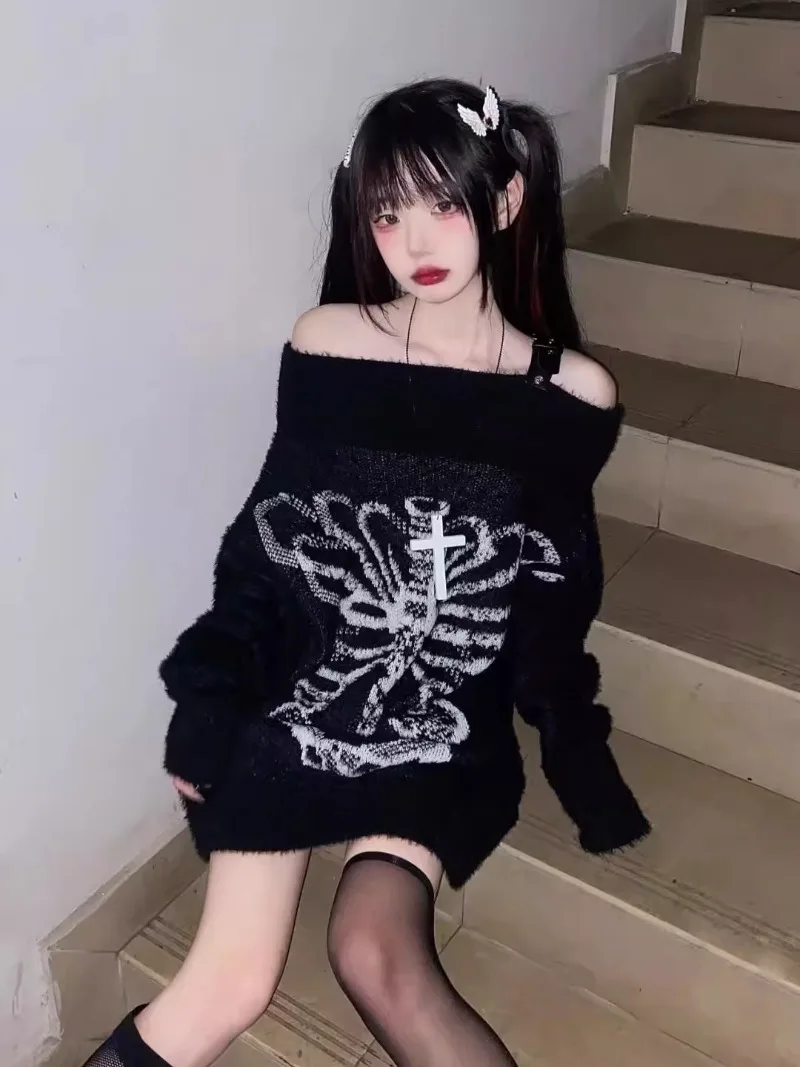 

Black Waterproof Mink Sweaters Coats Autumn New Mid-length Knitted Pullover Y2k E-Girl Off Shoulder Long Sleeve Tops Women
