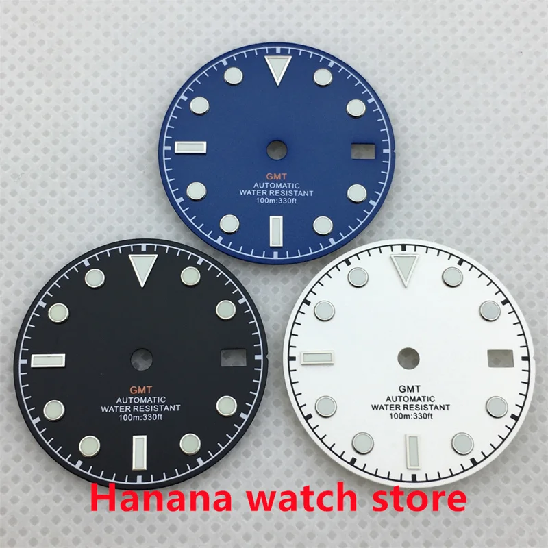 

BLIGER 29 мм черный белый синий циферблат зеленый светящийся циферблат подходит для NH34 GMT часовой механизм подходит для 3 часов 3,8 часов Корона GMT часовой циферблат