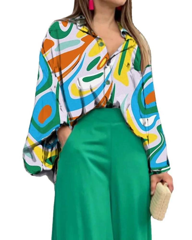 

Ladies New Autumn Printed Casual Long Sleeve Suit 2022 Elegant Office Loose Lapel Shirt High Waist Wide Leg Pants Two Piece Set