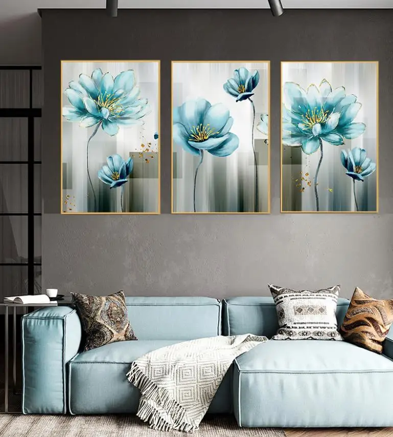

Abstract Blue Flower Canvas Painting Modern baby blue Wall Art Picture for Living Room Gold Print Cuadros Salon Decoracio