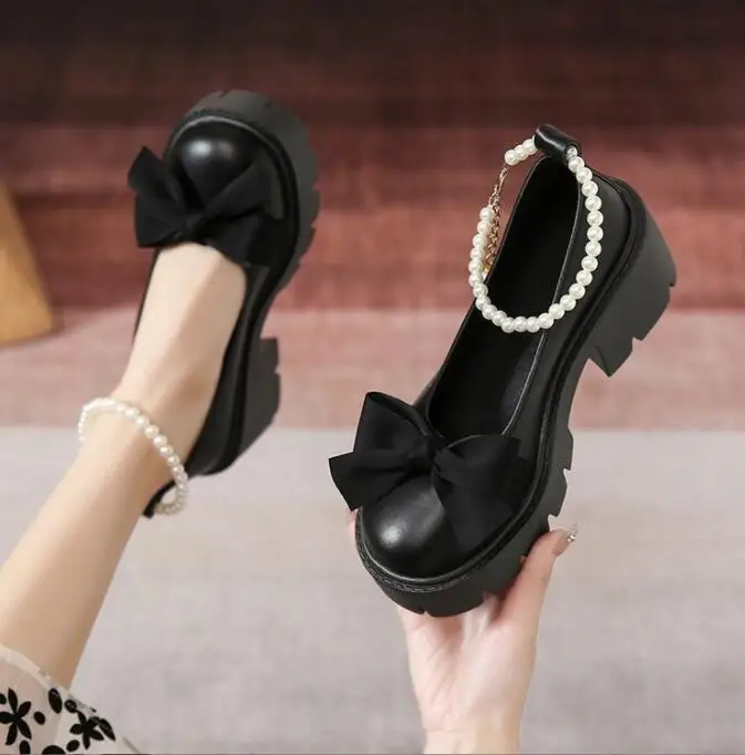 Fashion Sexy Women Casual Sweet Pearl chain Black Heels for Party Bridal Sexy Wedding Silver High Heel Shoes Pumps Coarse heel