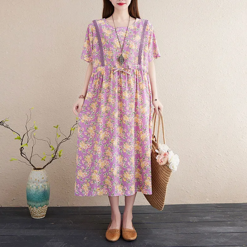 

Summer Woman Cotton Linen Knee-length Lace Patchwork Printing O-neck New Fashion Loose Floral Short Sleeves Dresses Female