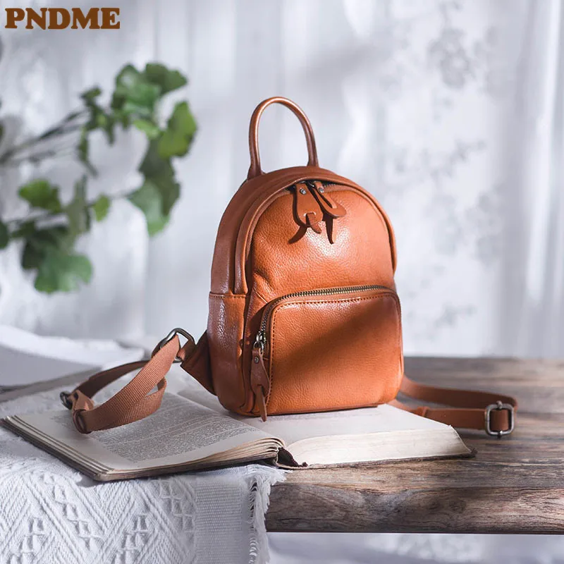 PNDME simple fashion natural genuine leather ladies small backpack weekend outdoor designer luxury cowhide women's mini backpack