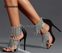 rhinestones tassels chains gladiator sandals linamong charming silver crystal fringes stiletto heel sandals wedding heels