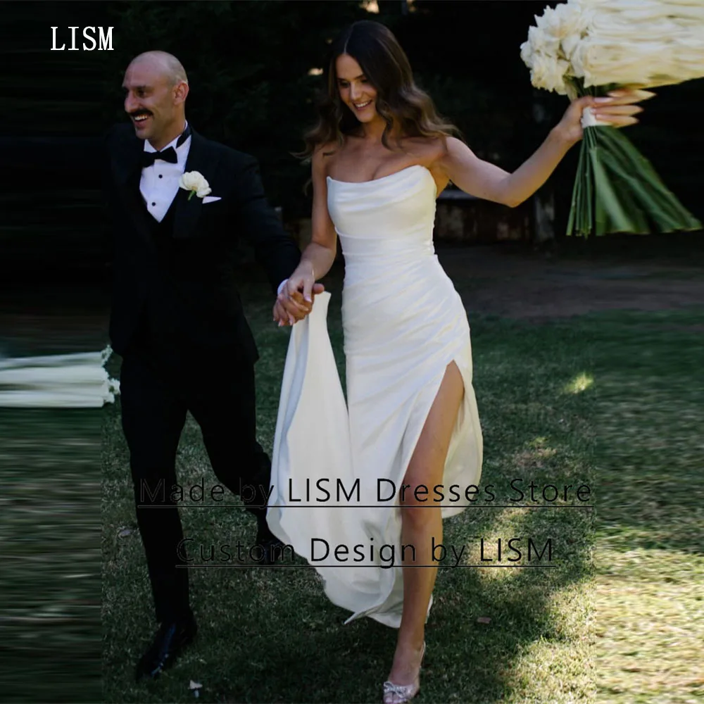 

LISM A-line Side Slit Strapless Bridal Gowns Court Train Sheath Sleeveless Pleat Simple Elegant Formal Wedding Party Dresses