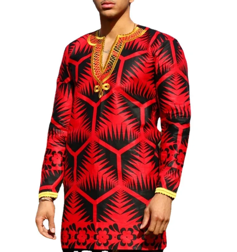 Ethnic Print Long-sleeved Fashionable Men's Shirt