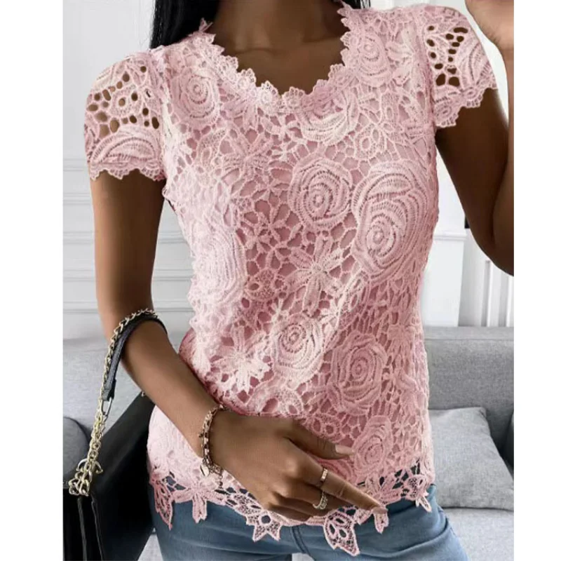 

Vintage Embroidery White Lace Shirt Fashion Slim Short Sleeve Lace Shirts Women Elegant Summer Tops Casual O-Neck Clothes 24737