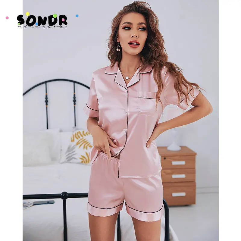 

2022 New Womens Silk Satin Pajamas Set Short Sleeve Two-piece Pj Sets Sleepwear Loungewear Button-Down Fashion Women's Pajamas
