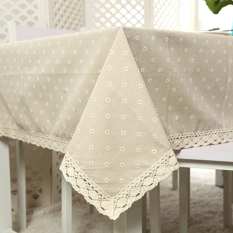 

Daisy Flower Pattern Tablecloth Hot Sale Linen and Cotton Lace Edge Rectangular Table Cloth Home Hotel Textile