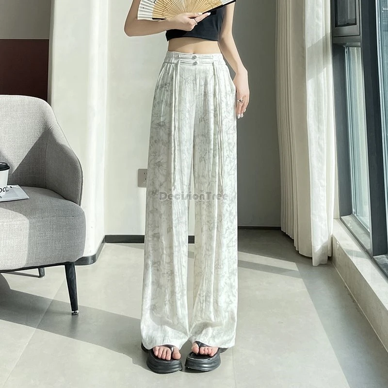 Женские брюки в китайском стиле свободные с широкими штанинами и чернильным