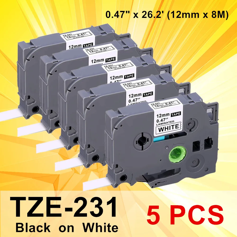 

5 PCS P-touch TZE-231 TZE231 TZE 231 tz tape 12mm 0.47 laminated white Label Tapes Ribbon For Brother PTH110 PT-D200 Printer