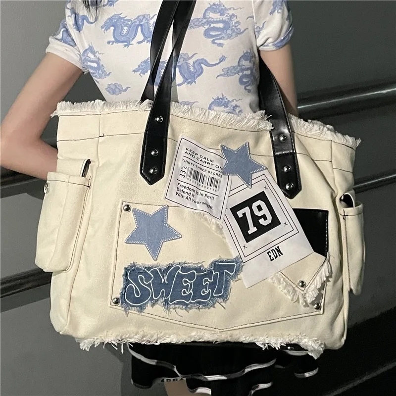 

Rivet Shoulder Bag Star Canvas Bag Large Tote Bags for Women Commuting Handbags Designer Shopper Purse Female Tassel Bucket Bags