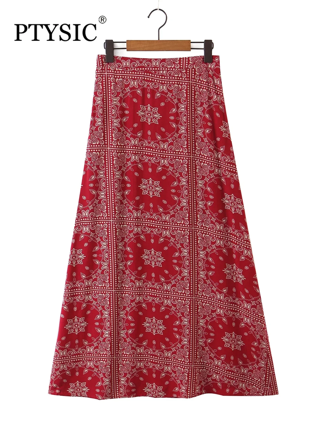 

PTYSIC Women Vintage With A-LINE Print Skirts 2022 Summer New Elastic Waist Indir Folk Female Bottoms Mujur