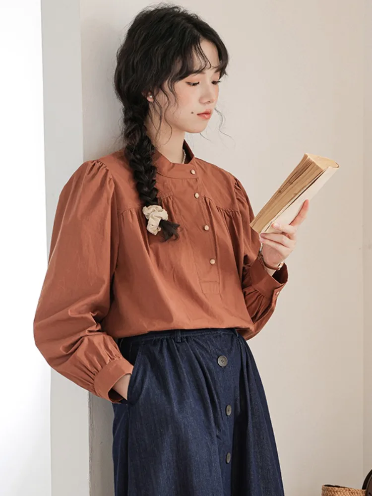 Женская рубашка с воротником-стойкой свободная универсальная длинным рукавом в