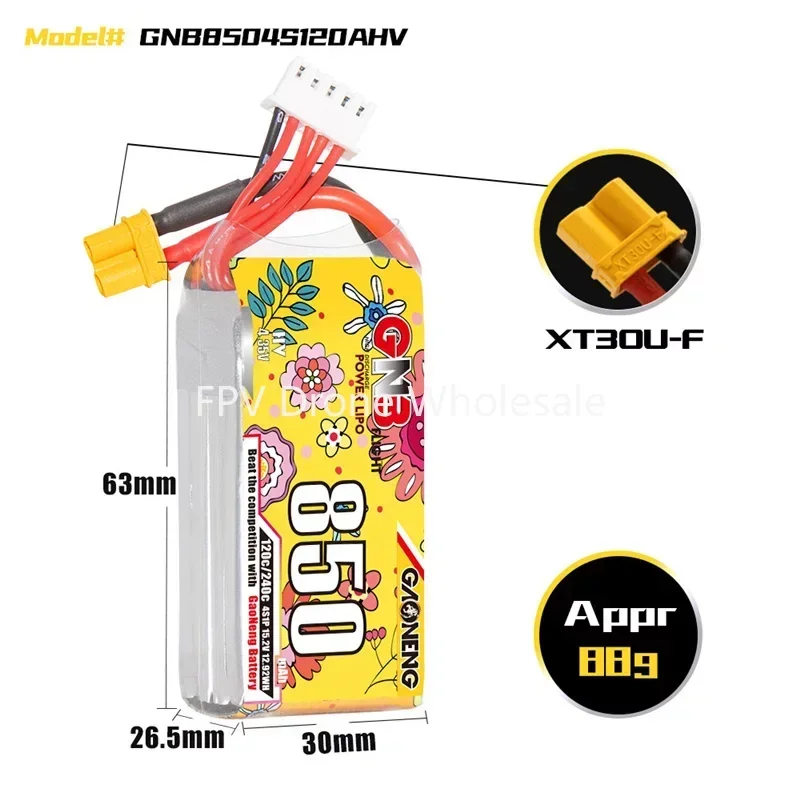 Фото GAONENG GNB 4S 15,2 В 850 мАч HV 120C LiPo аккумулятор Cinelog Cinewhoop запасные части для радиоуправления гоночный самолет FPV аккумулятор 15,2 В №2