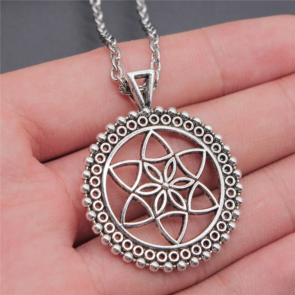 

Vintage Antique Silver Plated 43x35mm The Flower Of Life The Seed Of Life Pendant Necklace Long Chain Jewelry Accessories
