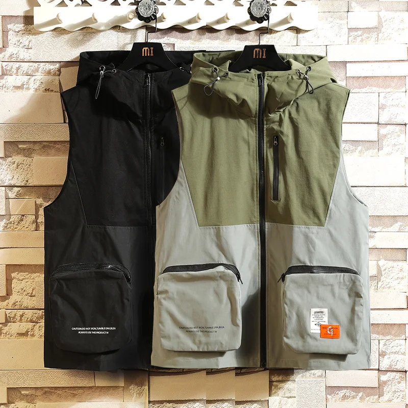 

Spring New Men Clothing Hooded Vest Big Pocket Diagonal Zipper Splicing Jacket