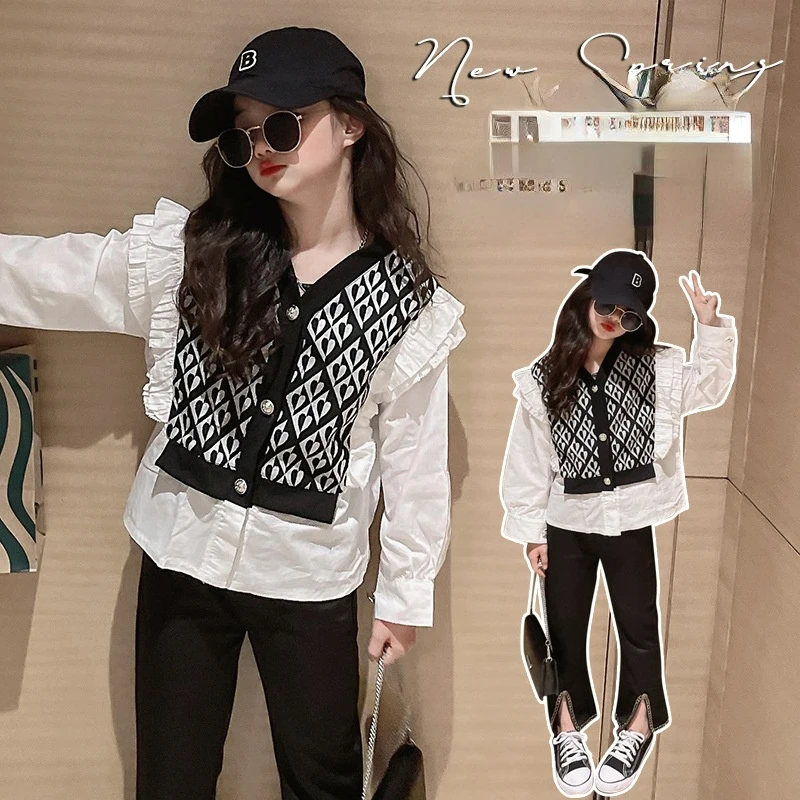 

Girls fake two-piece shirts spring and autumn models 2022 new baby girl foreign style shirts knitted sweaters cardigans