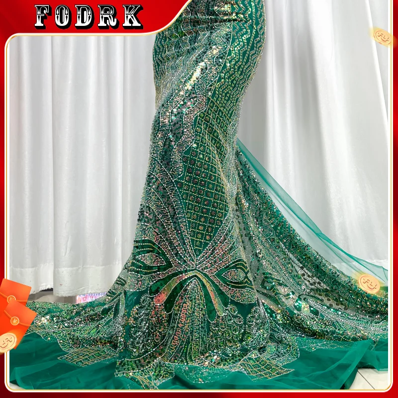 

High-End Embroidery Groom Catwalk Lace Fabric African Nigerian With Sequin And Colored Gemstones Fabric For Wedding Dress