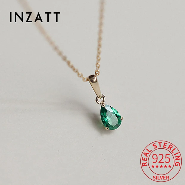 

INZATT Real 925 Sterling Silver 14k Gold Zircon Water Drop Pendant Choker Necklace For Women Cute Fine Jewelry Summer