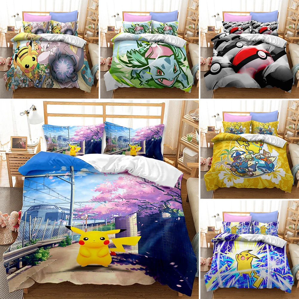 

Cute Cartoon Pikachu Print Duvet Cover Queen King Size Anime Theme Bedding Set For Teen Kids Bedroom Summer Quilt Cover 2/3Pcs