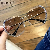2022 oversized diamond rimless sunglasses women luxury ocean lens brand design sun glasses bling shinny sunglases square eyewear