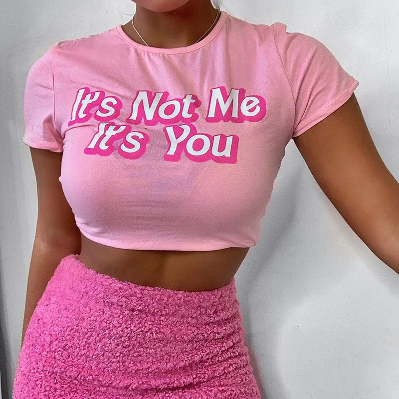 

Summer Y2k T-shirts Woman Clothes Crop Top Women Clothing Tshirt Vintage Women's Pink Letters Print Short Sleeve Skinny T-Shirt