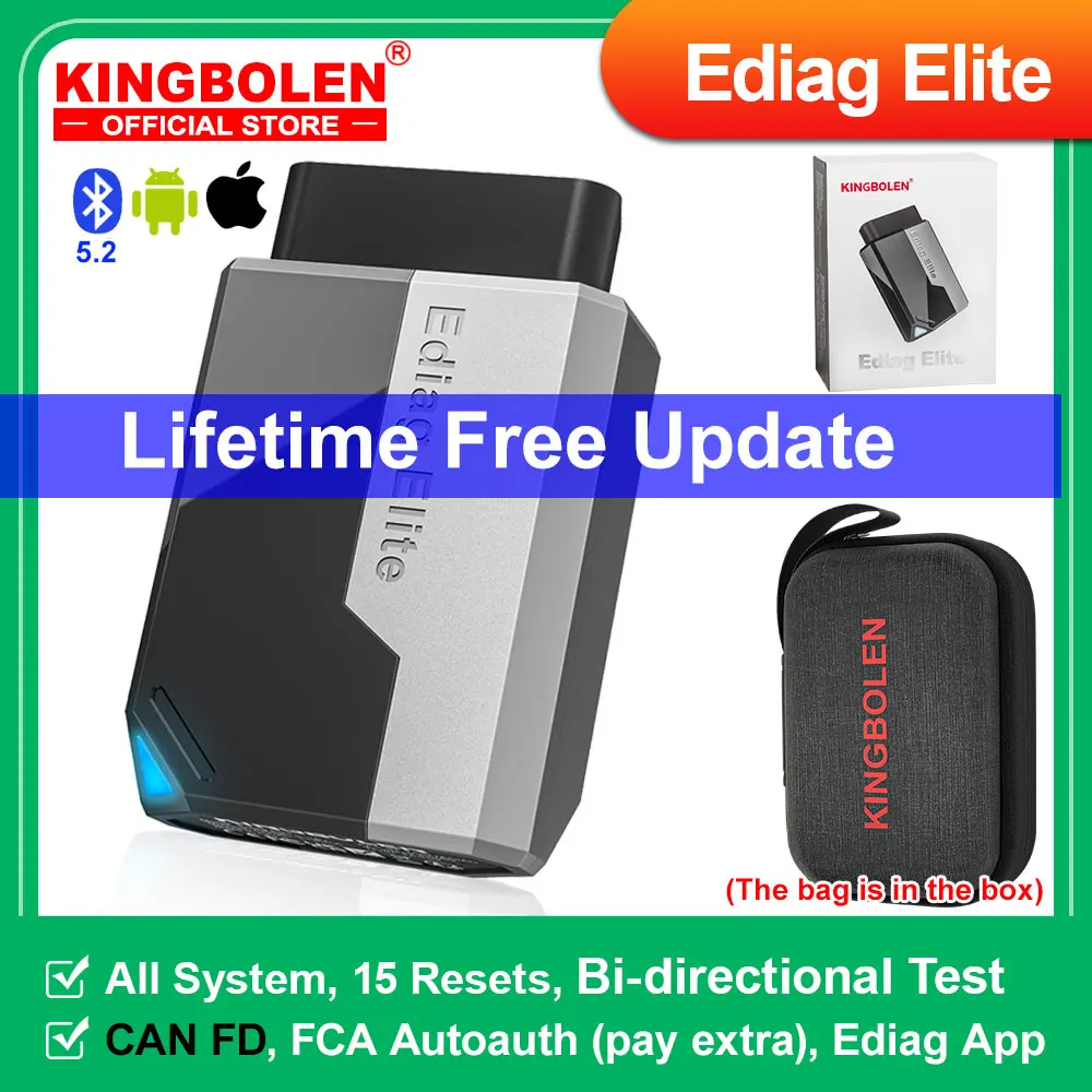 Фото Сканер OBD2 KINGBOLEN EDIAG Elite Bluetooth, полная диагностика системы, 15 функций сброса, без подписки, пожизненные бесплатные обновления, iOS/Android №1