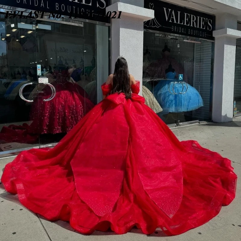Блестящее красное платье EVLAST Quinnceanera бальное аппликация бисером кристаллами