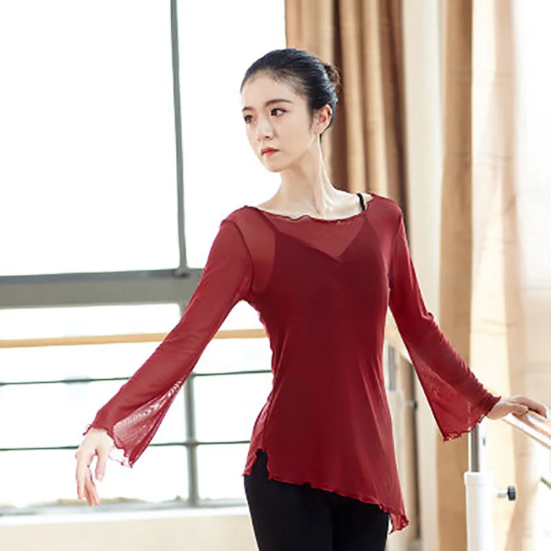 

2022 Women Stretch Mesh Long Flare Sleeve Ballet Dance Tops 8 Color Ballet Gymnastic Costume Adult Ballerina Costumes Blouse