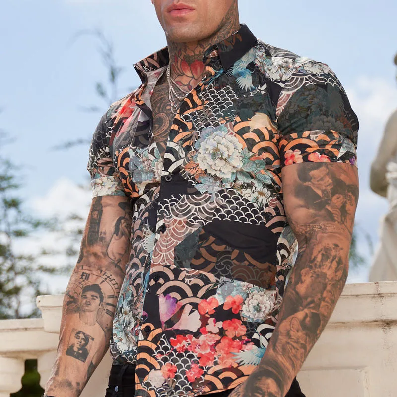 

2022 New Digital Printing Men's Short Sleeve Shirts Oriental Printing Pattern Top Cardigan Casual Wholesale